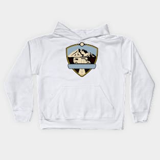 Adventure Camper Badge with Mountains Kids Hoodie